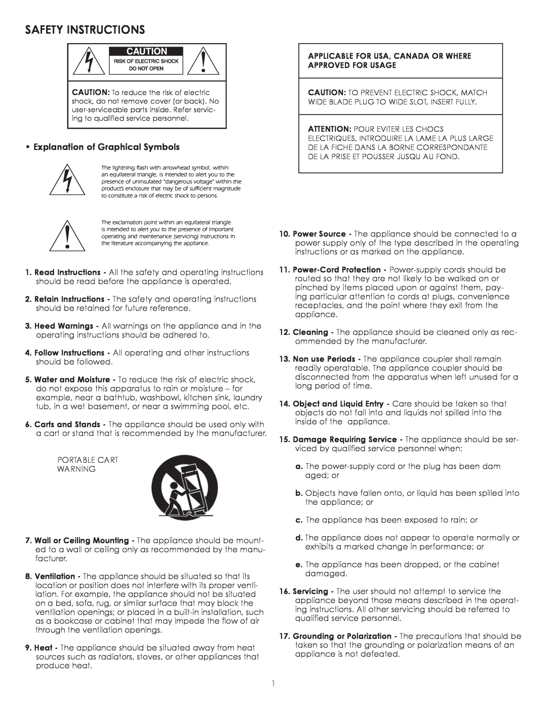SpeakerCraft CINEMA SUB 12, CINEMA SUB 8, 10 owner manual Safety Instructions, Explanation of Graphical Symbols 
